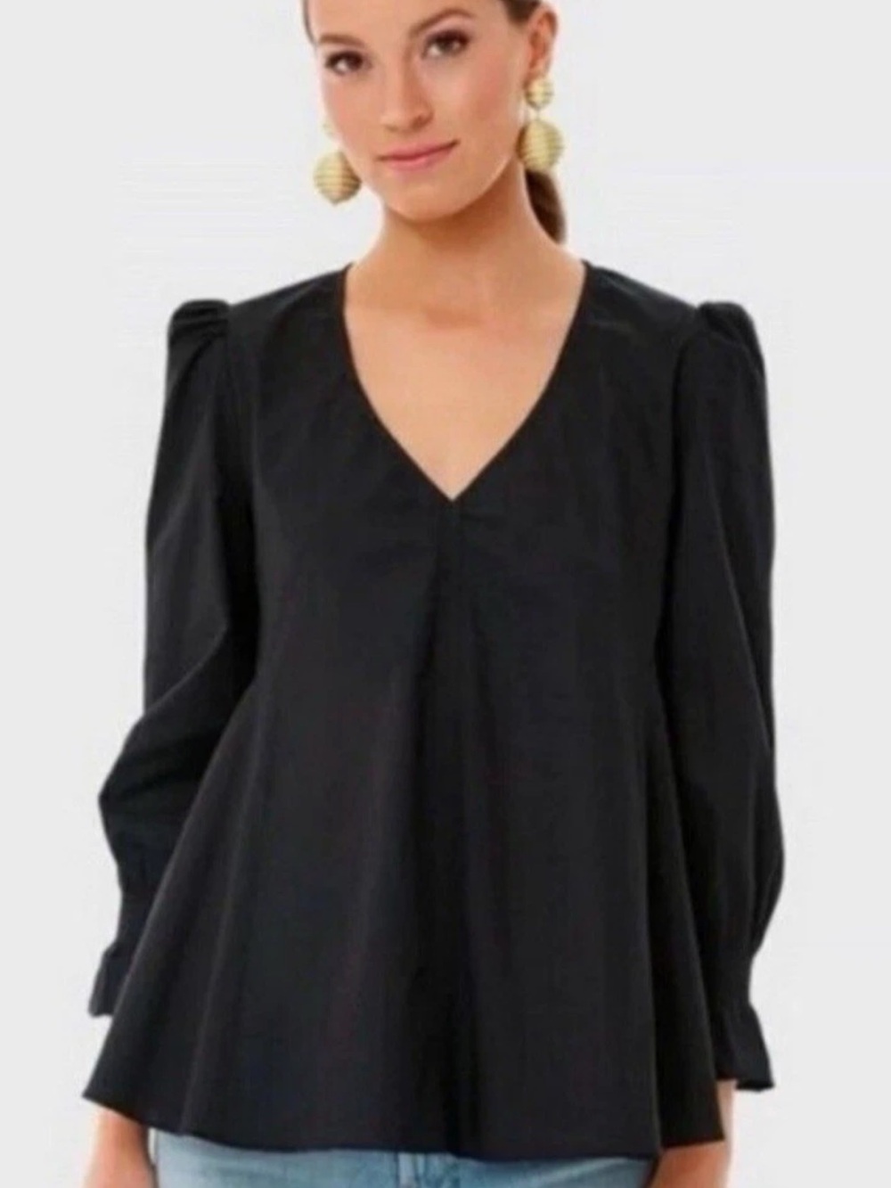 Pomander Place Black Cotton Poplin Easton Puff-Sleeve Blouse Size M